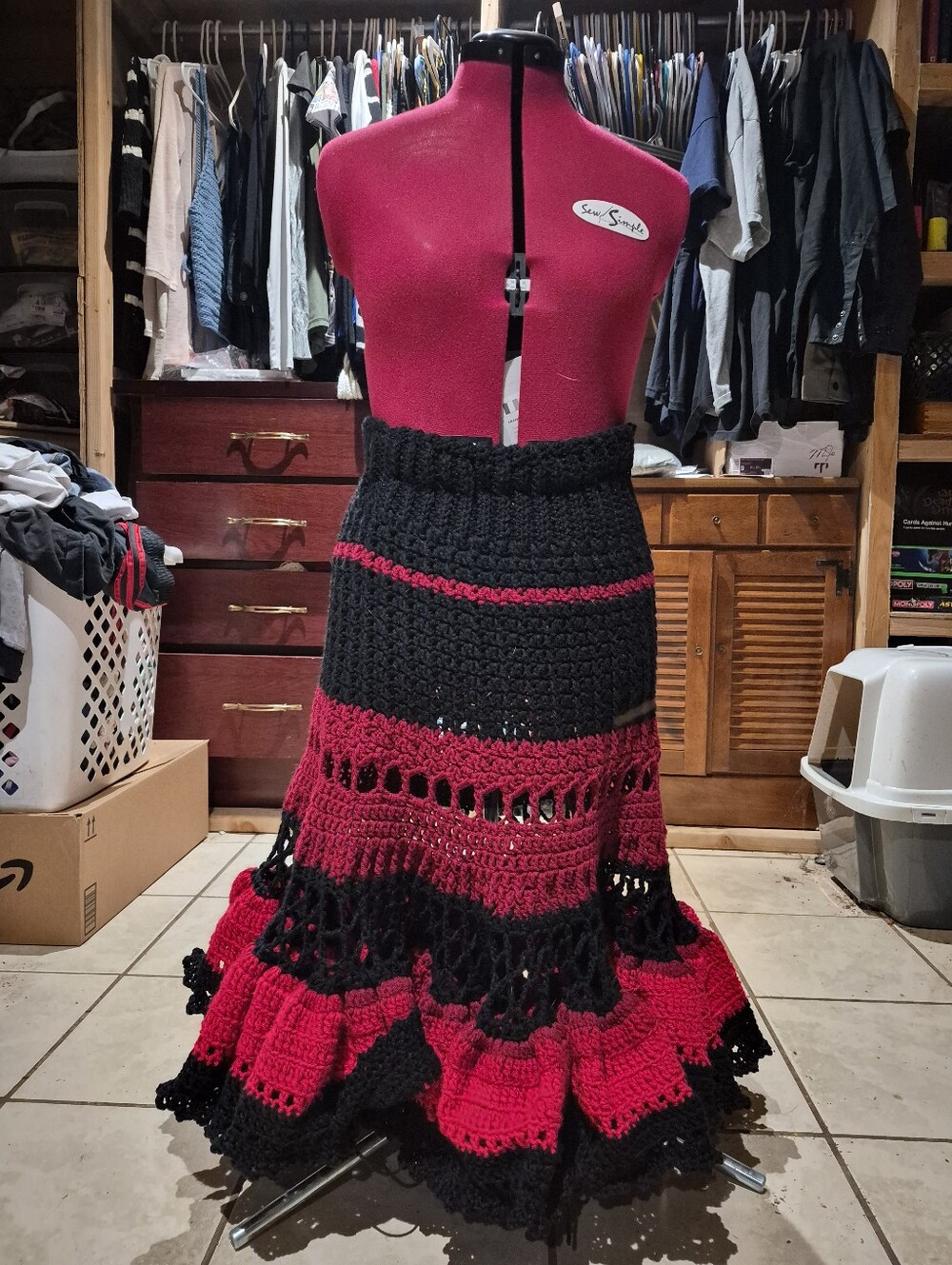 Handcrafted Black and Red Crochet Maxi Skirt